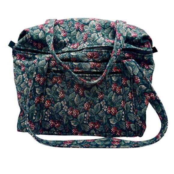 Vintage Navy Floral & Berry Tapestry Shoulder Tote Bag Handmade NH 15x14 USA - Picture 1 of 16
